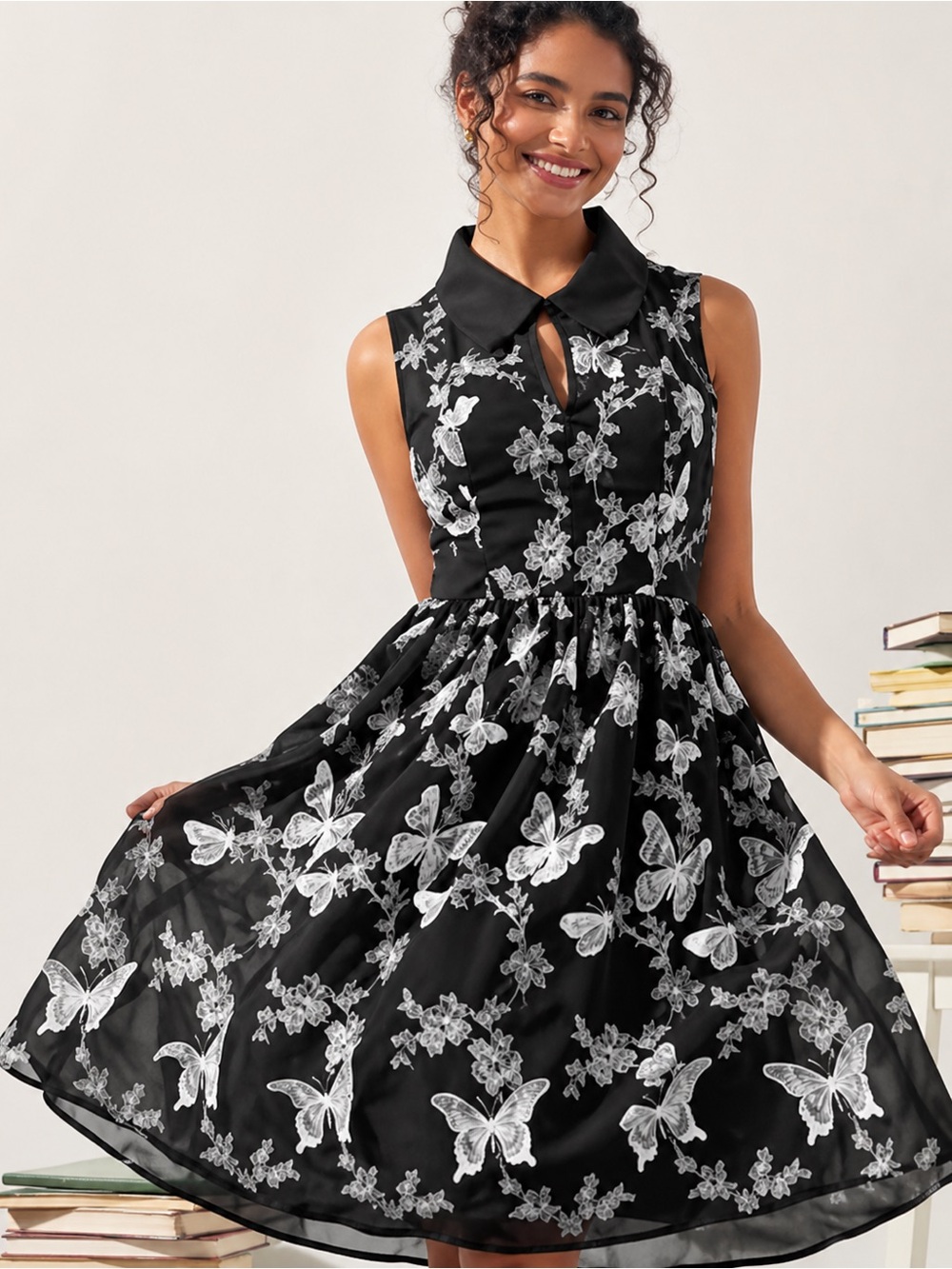 Modcloth Black and White Butterfly appliqué Peter Pan Collar Midi Dress